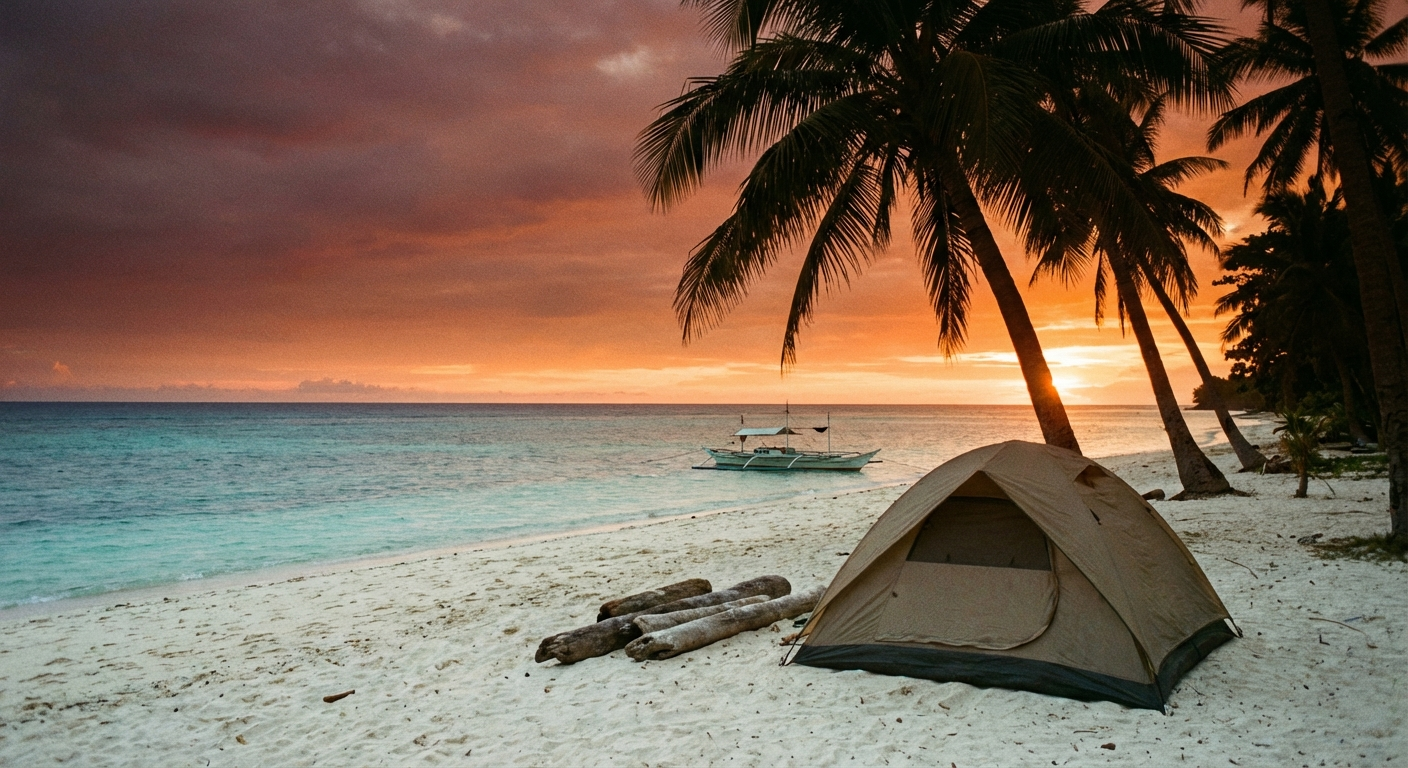 A tent pitched on a quiet beach in Siquijor Island at sunset with palm trees and calm ocean waters