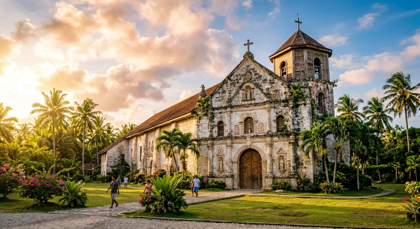 Ancient coral stone church facade framed by tropical palm trees in golden warm light