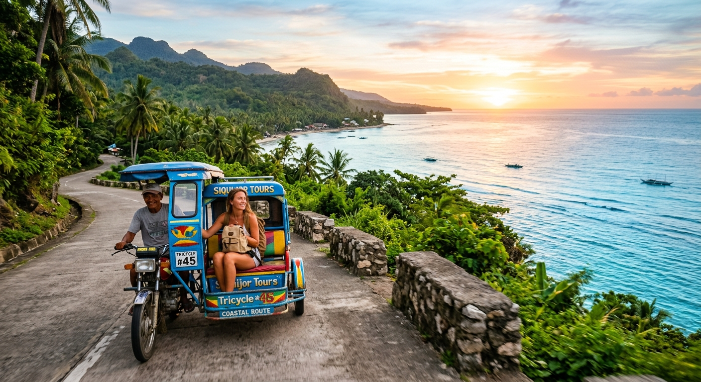 Traveler exploring Siquijor coastal road via tricycle in golden morning light