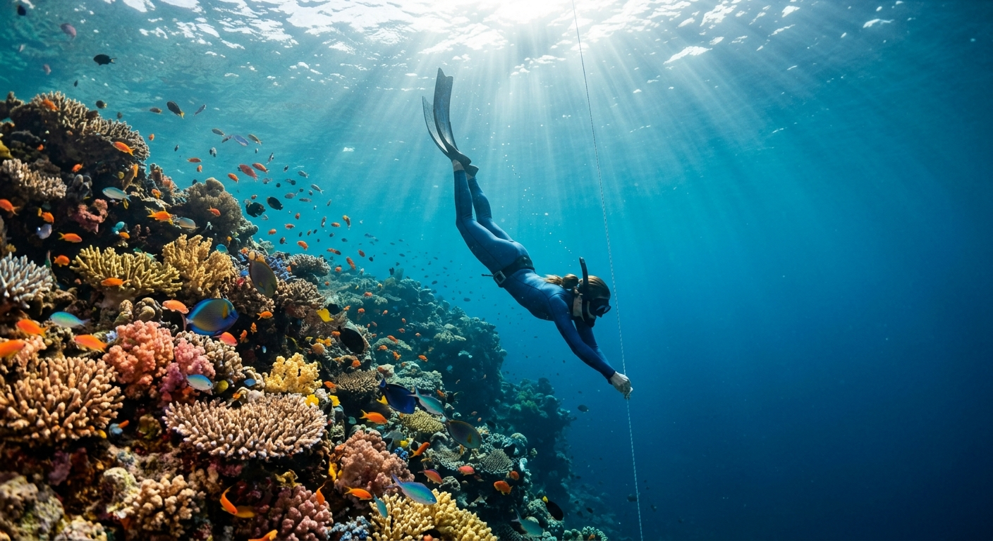 Crystal clear turquoise waters off Siquijor Island showing vibrant coral reef below the surface with a free diver descending