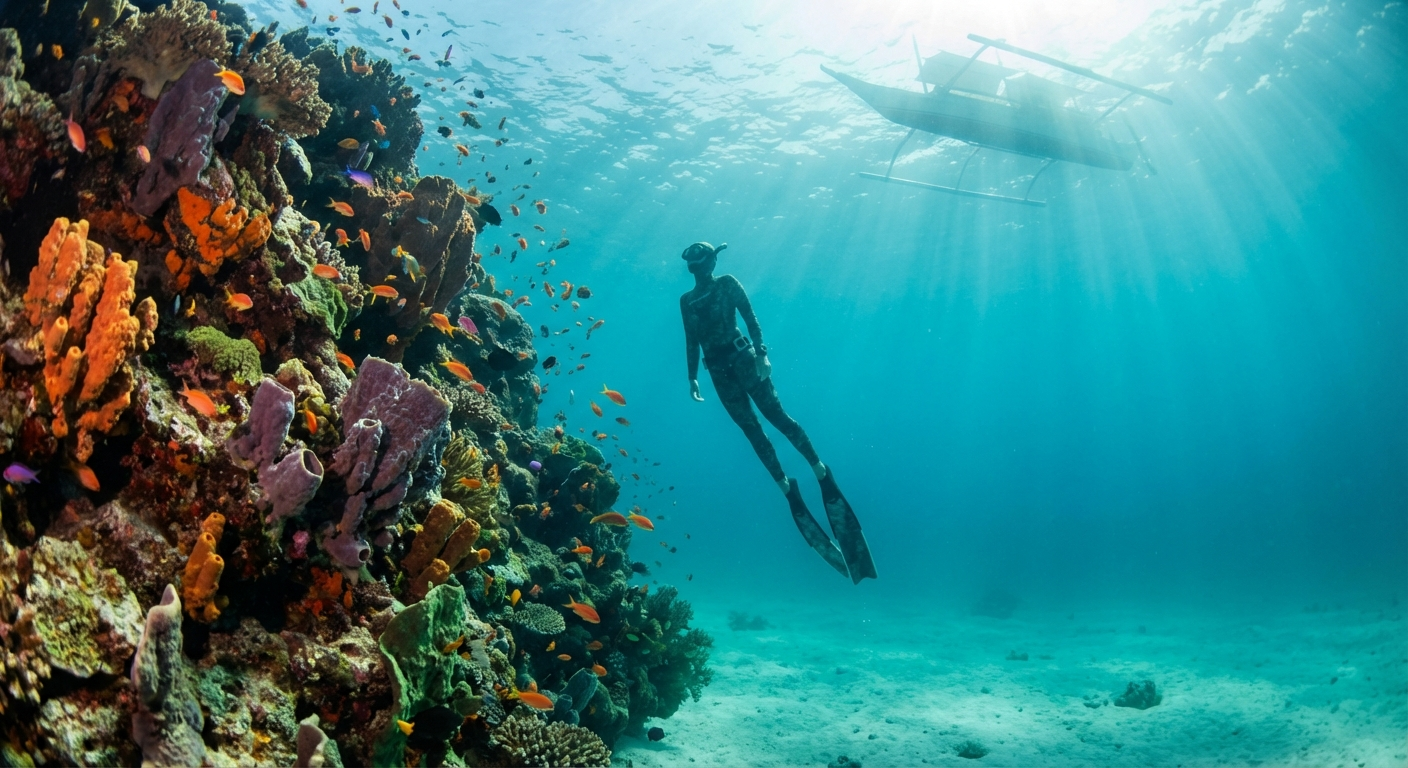 Free diver descending along a coral wall in crystal clear Siquijor waters