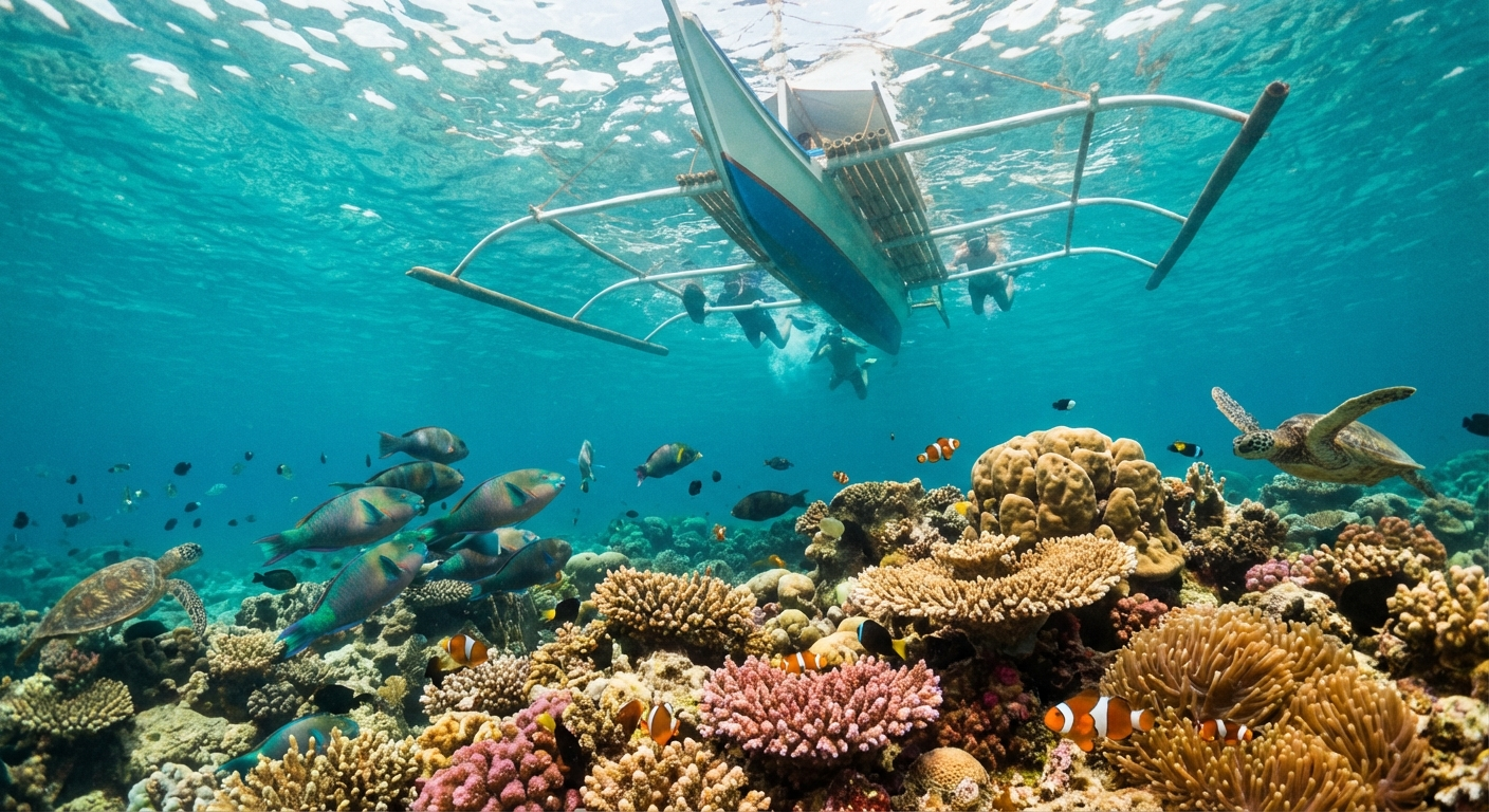 Pristine coral reef and traditional outrigger boat in the clear waters of Siquijor Island