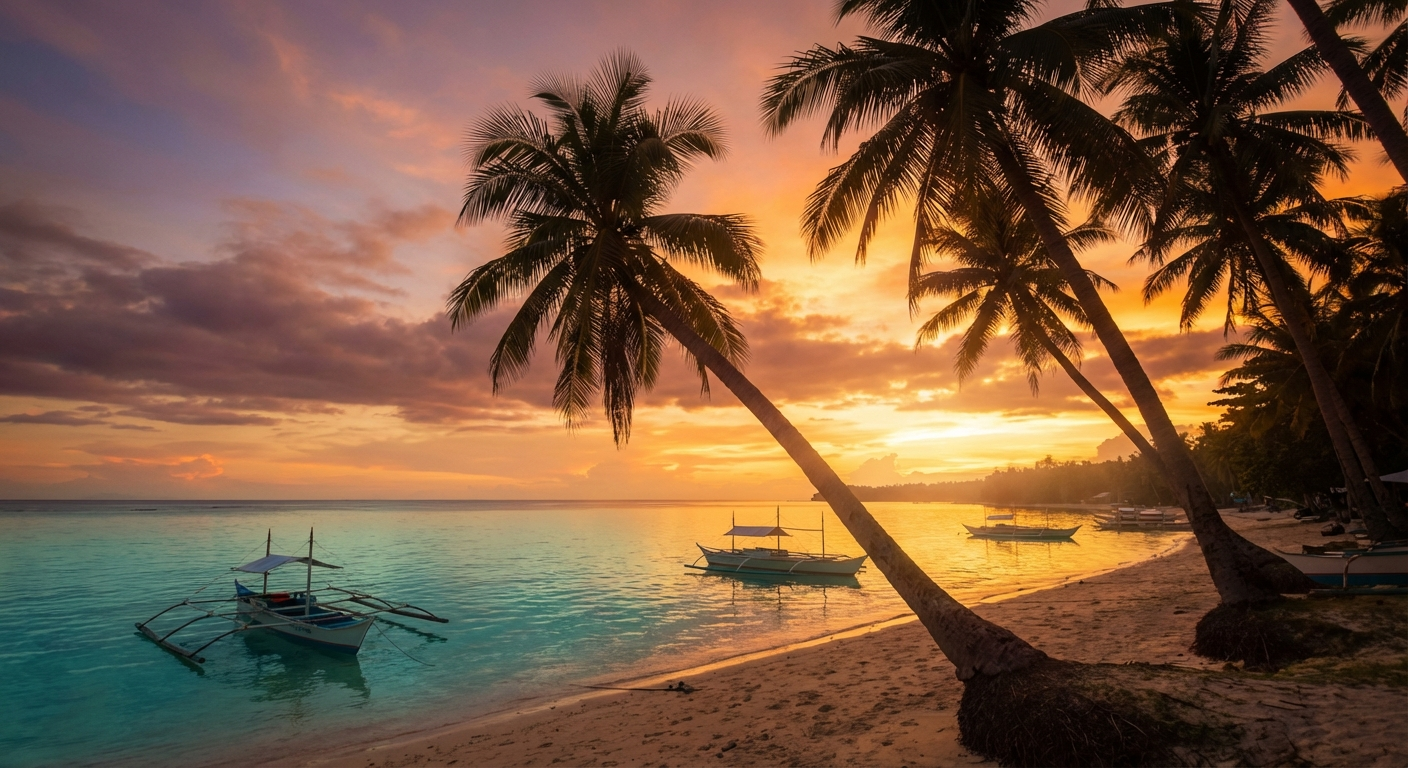 Sunset over San Juan coastline in Siquijor Island with palm trees and beachfront resorts