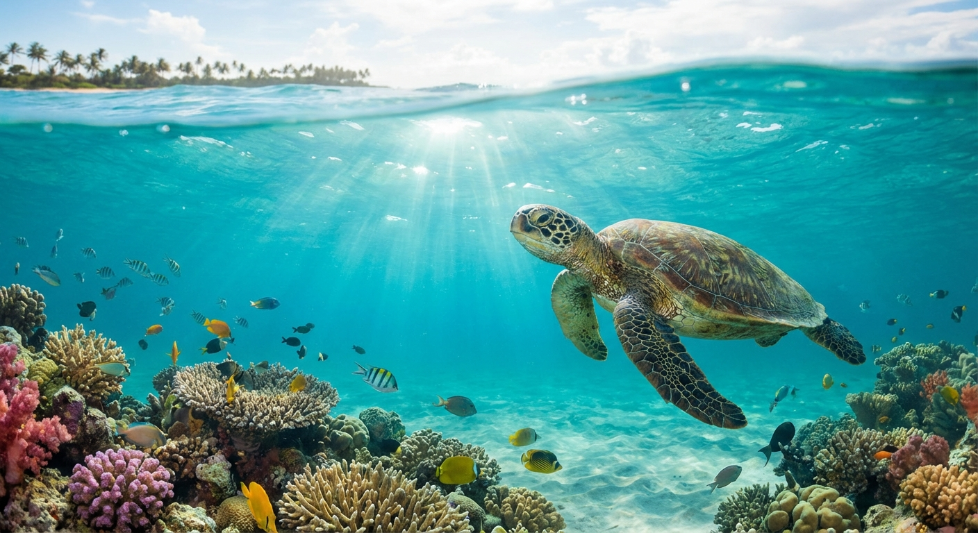 A green sea turtle swimming over coral reef in the clear waters off Siquijor Island