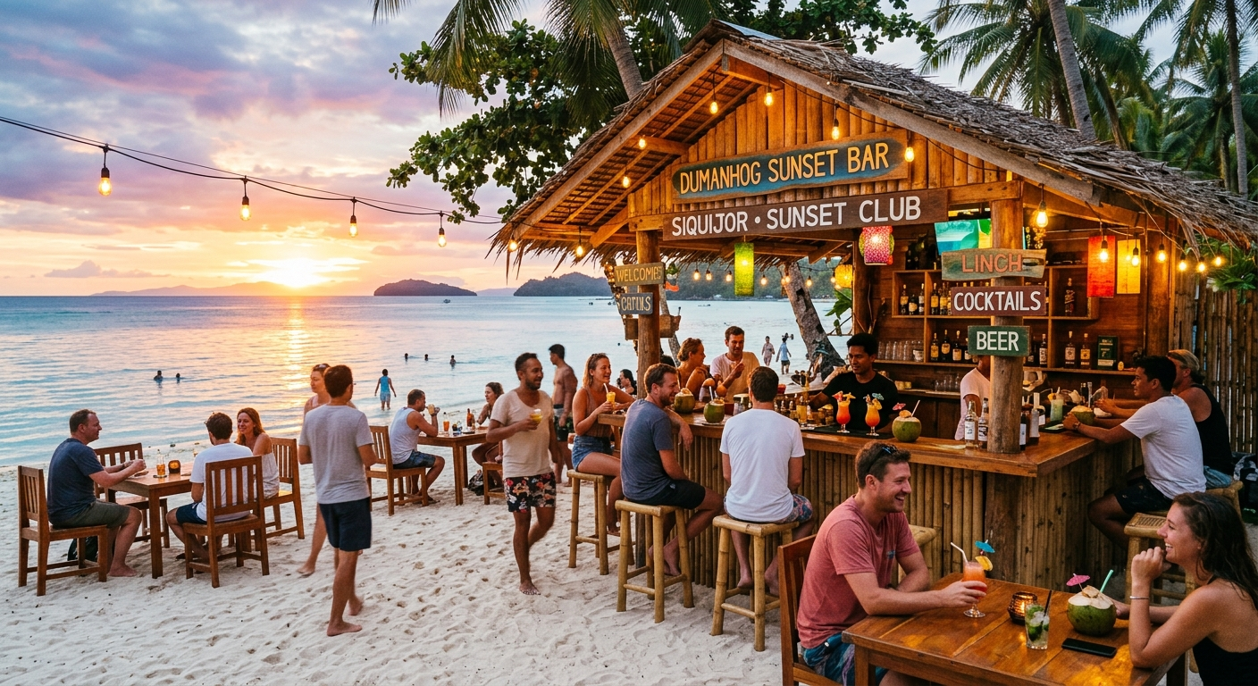 Beach bar at sunset in Siquijor with tropical cocktails and string lights on white sand beach