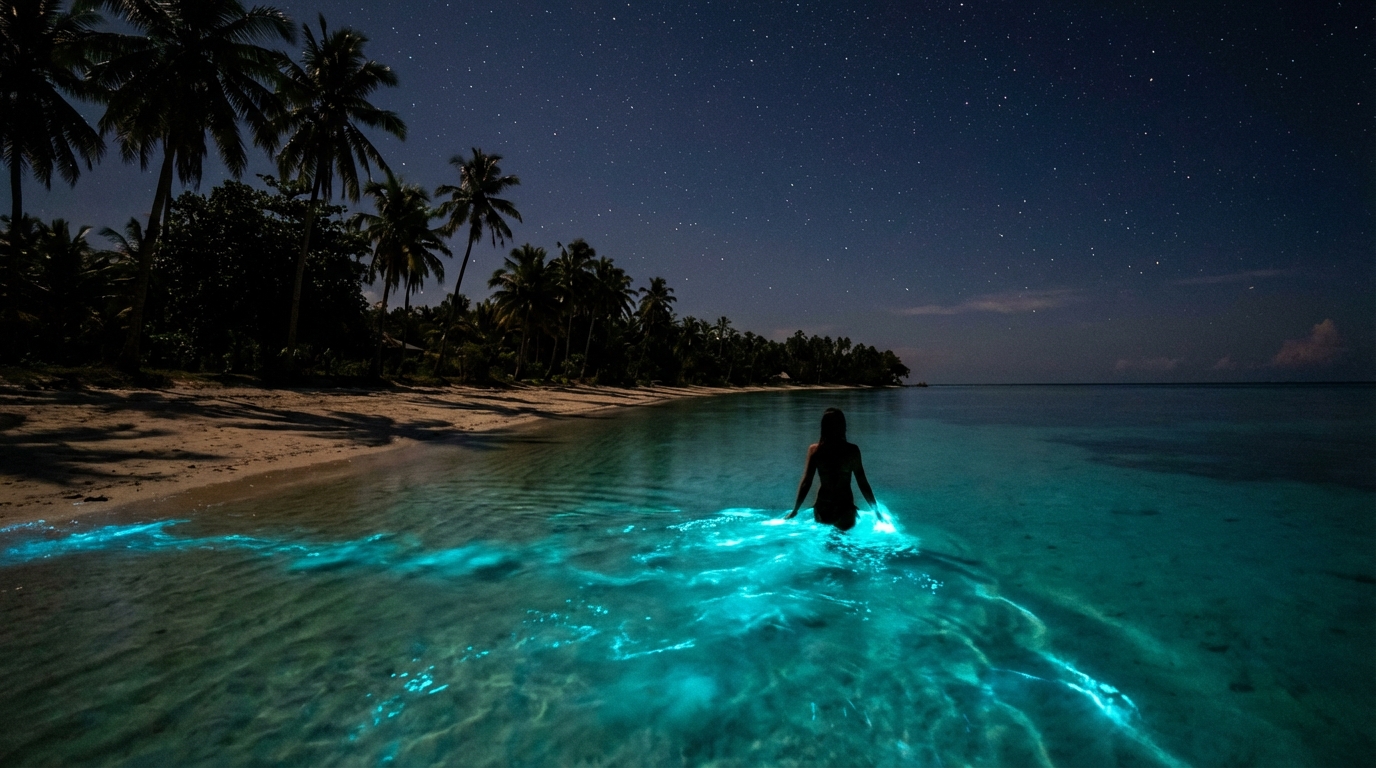 Glowing bioluminescent plankton creating blue-green light in Siquijor coastal waters at night