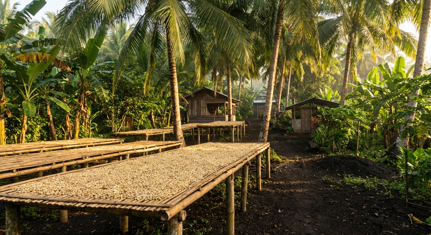 Coffee beans drying on bamboo mats at a highland farm in Siquijor Island