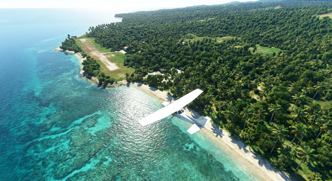Aerial view of Siquijor Island coastline with turquoise waters and lush green mountains