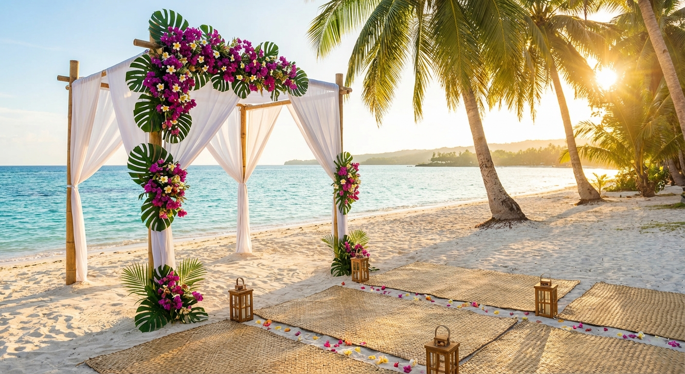 Tropical beach wedding setup on white sand in Siquijor, Philippines