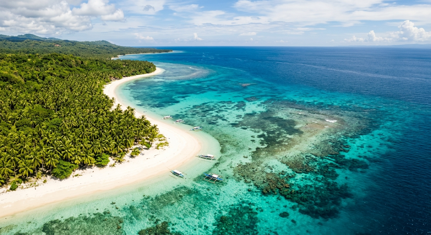 Aerial view of Siquijor Island coastline showing turquoise waters and lush green hills