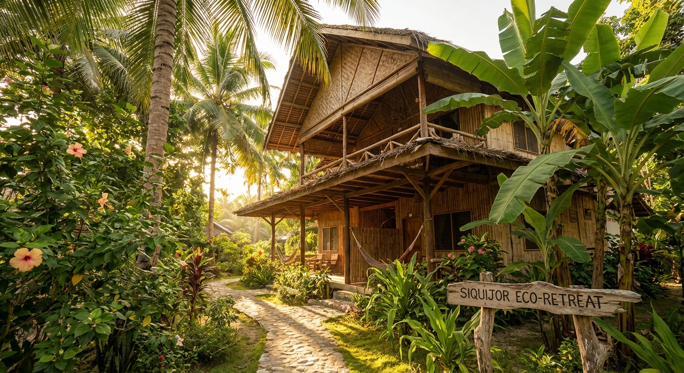 Bamboo eco-lodge surrounded by tropical garden in Siquijor Island Philippines