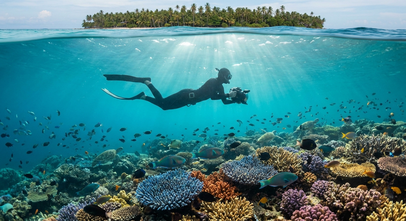 Freediver floating above coral reef in Siquijor Island Philippines