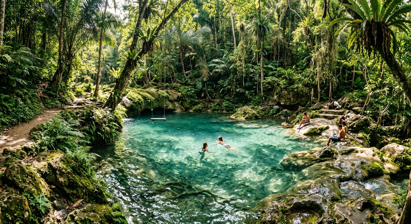 Crystal clear freshwater spring surrounded by tropical vegetation in Siquijor Island Philippines