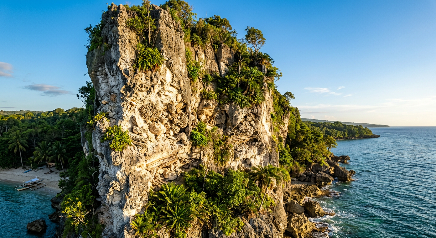 Exposed limestone cliff face on Siquijor Island showing fossilized coral and marine rock formations in golden sunlight