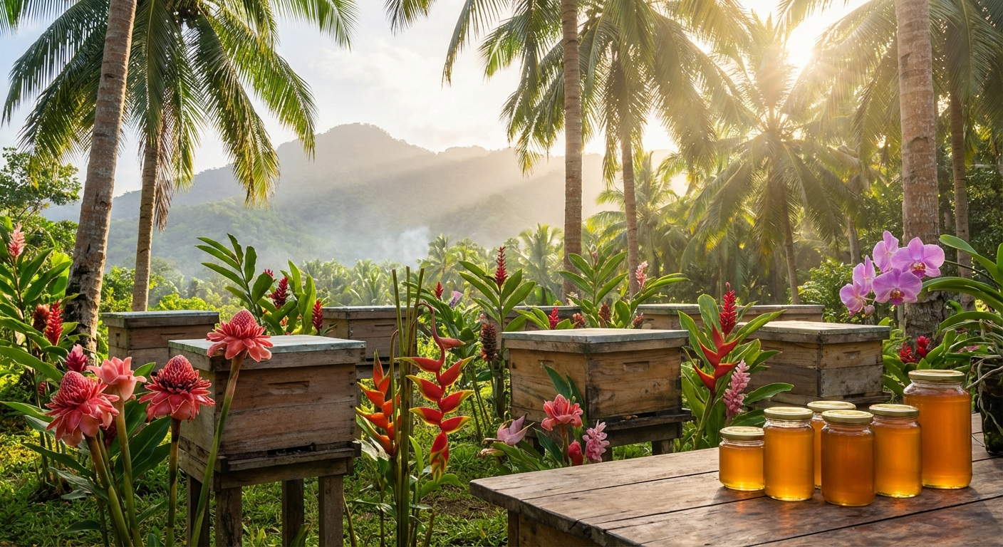 Traditional wooden beehive boxes surrounded by tropical flowers in a highland apiary on Siquijor Island