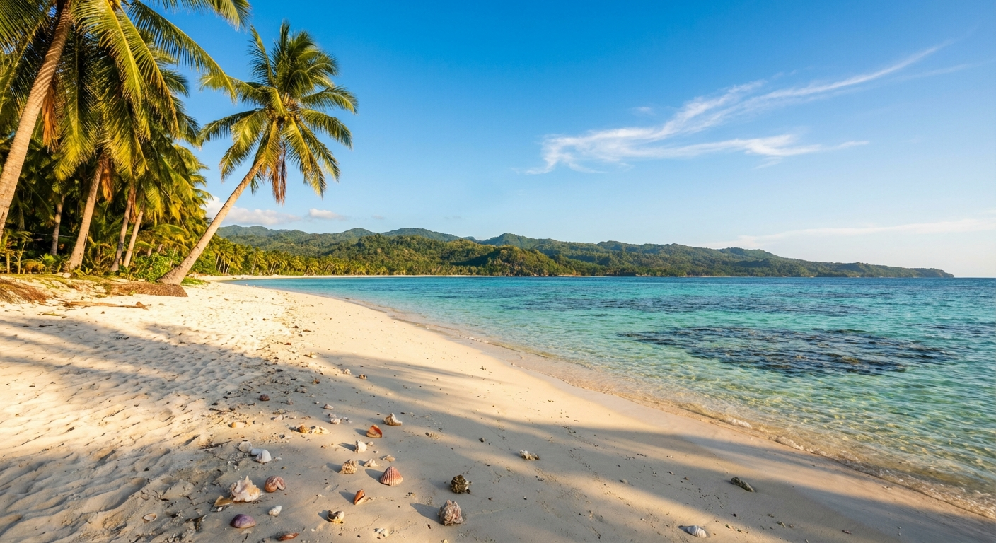 Golden afternoon light over Siquijor Island's turquoise waters and white sand beach in April