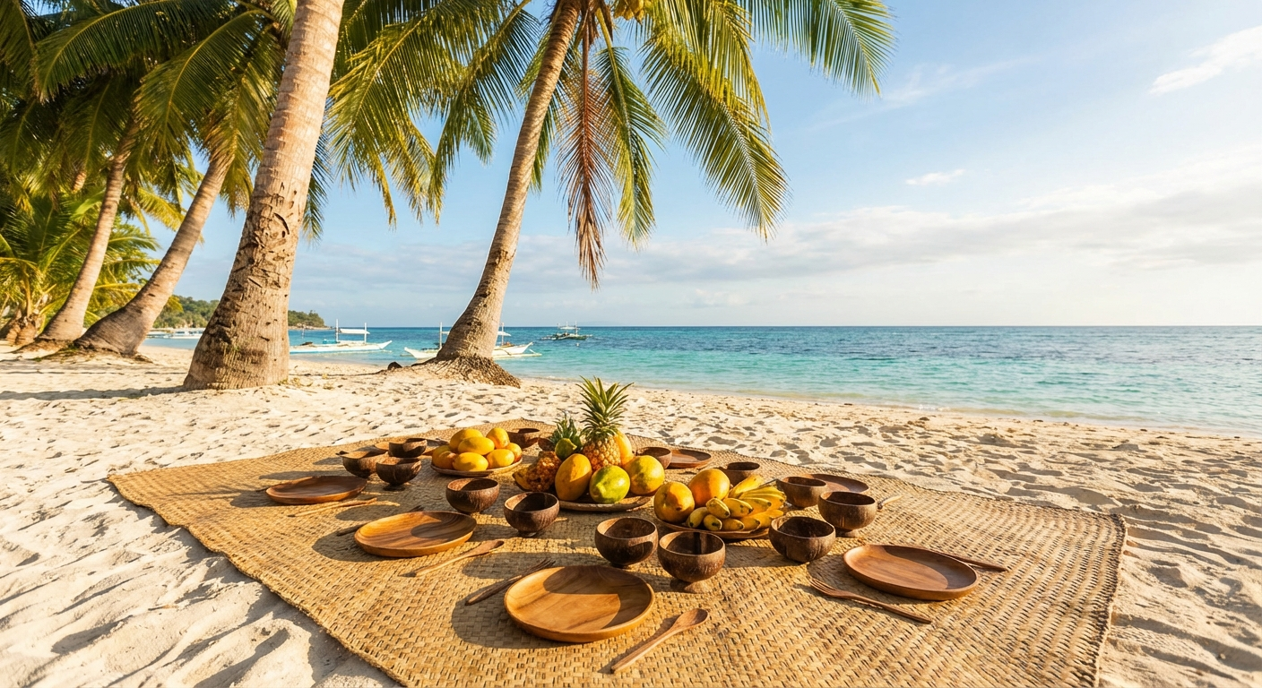 Scenic beachside picnic setup on white sand with turquoise water in Siquijor Island