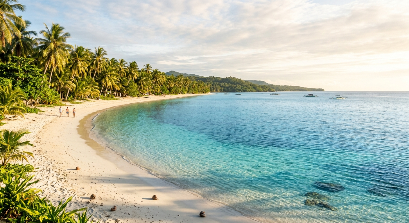 Peaceful Siquijor beach in late April with golden morning light and very few visitors