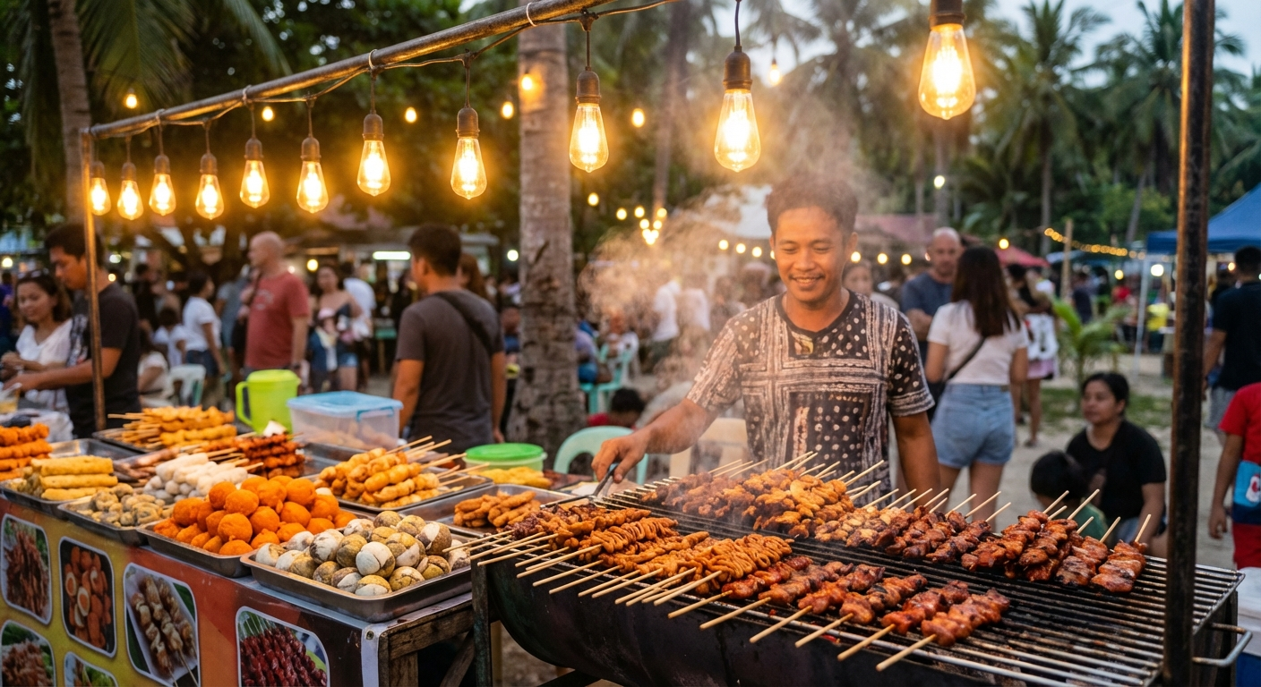 Filipino street food stall at a night market in Siquijor Island with warm string lights and grilled skewers