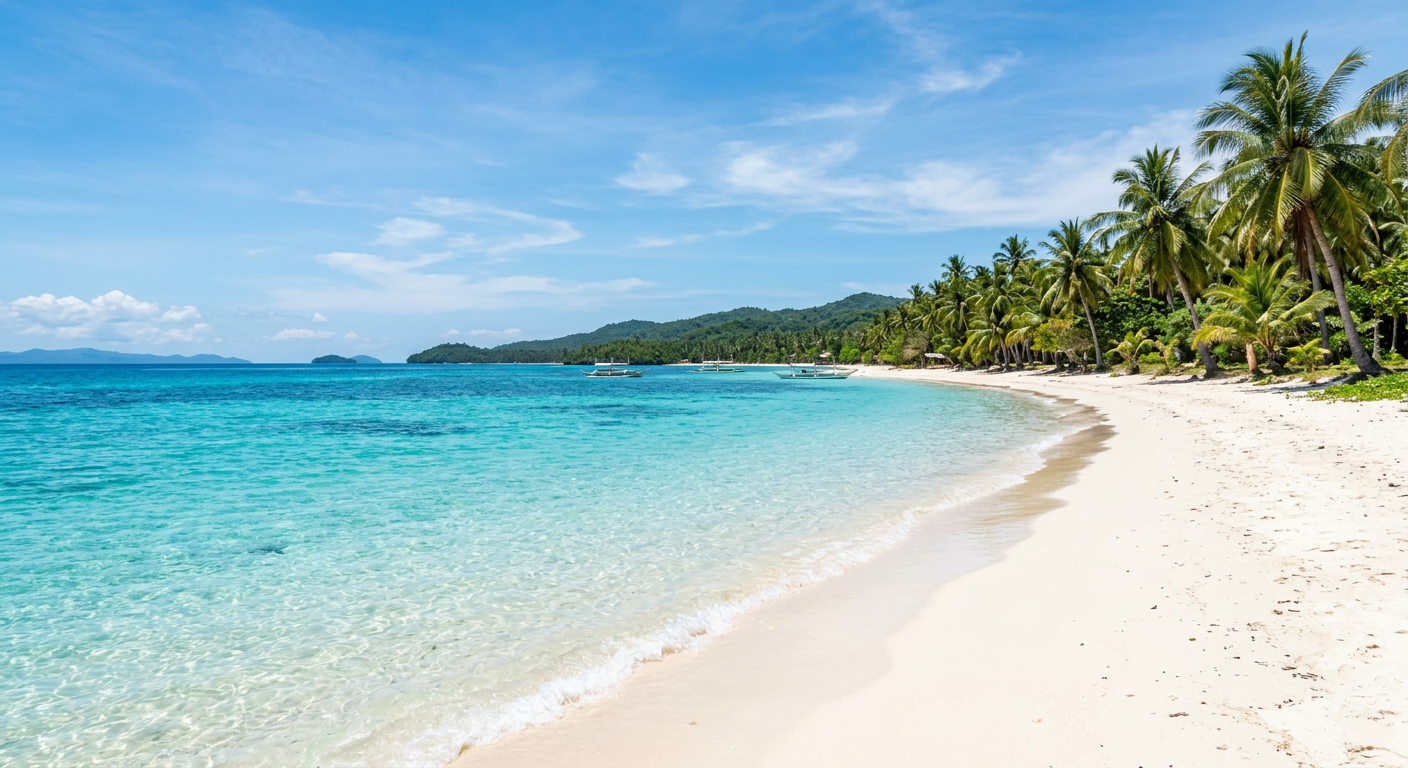 Bright sunny day on a Siquijor beach during summer peak season with crystal clear waters