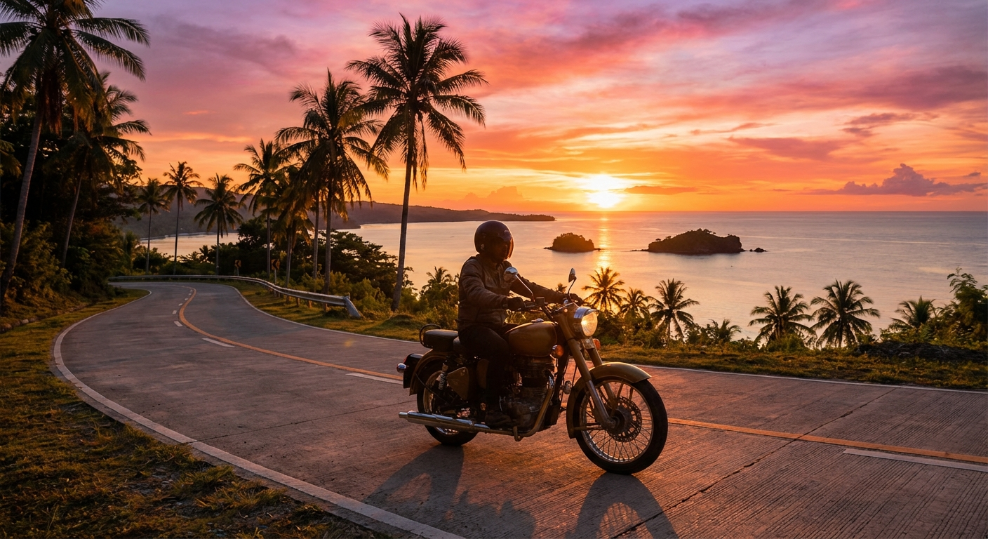 Motorcycle rider on Siquijor coastal road during golden hour with dramatic sunset sky