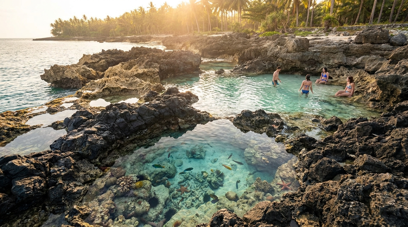 Rocky shoreline tide pools in Siquijor with crystal clear shallow water