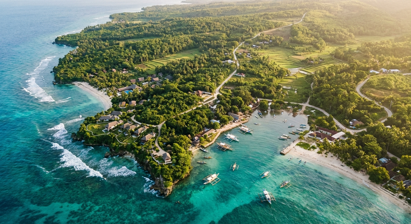 Aerial view of Siquijor Island coastline showing turquoise waters and lush tropical landscape