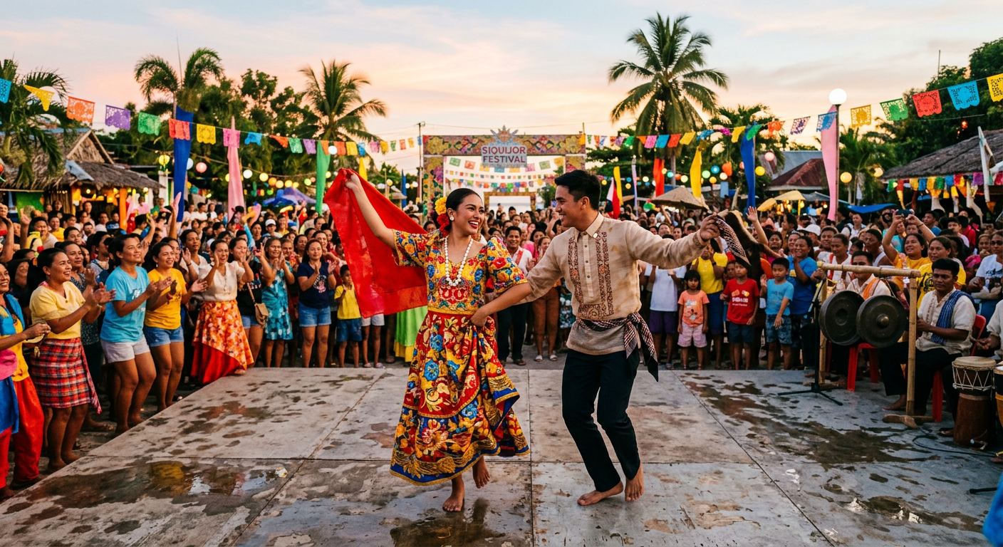 Traditional Filipino folk dancers performing at a festival in Siquijor Island