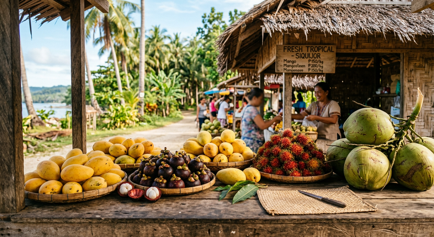 Fresh tropical fruits displayed at a roadside stand in Siquijor Island