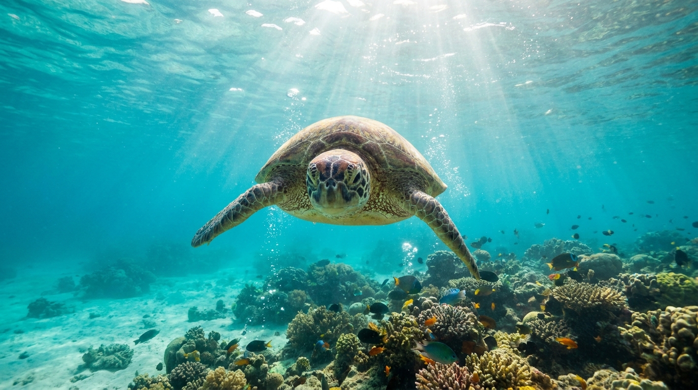 Green sea turtle swimming through crystal clear Siquijor waters