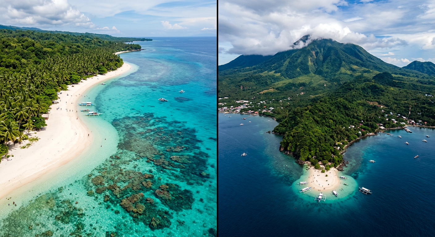Split view comparison of Siquijor Island turquoise waters and Camiguin volcanic landscape in the Philippines