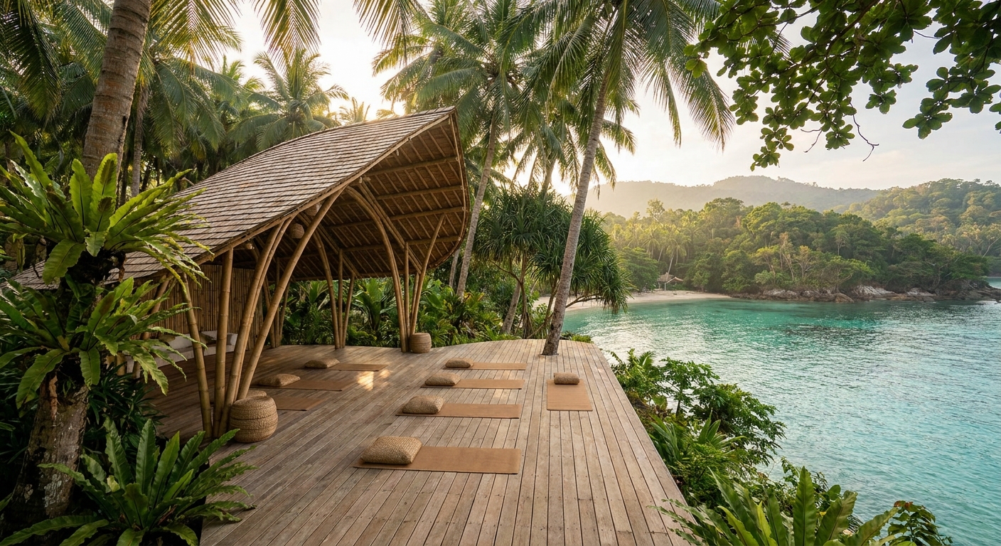 Modern bamboo wellness pavilion at an eco-retreat overlooking Siquijor's crystal waters