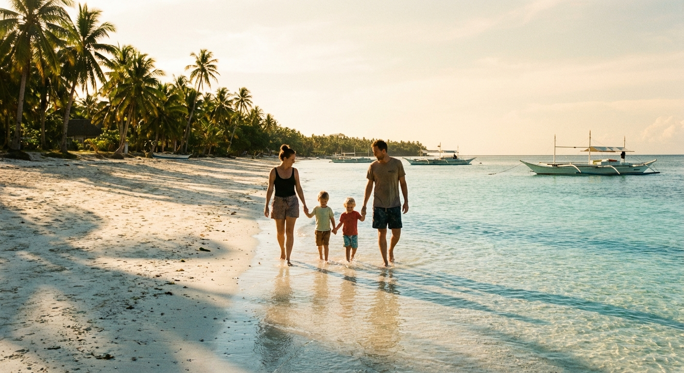A family walking along a calm sandy beach in Siquijor with clear shallow water and tropical trees in the background